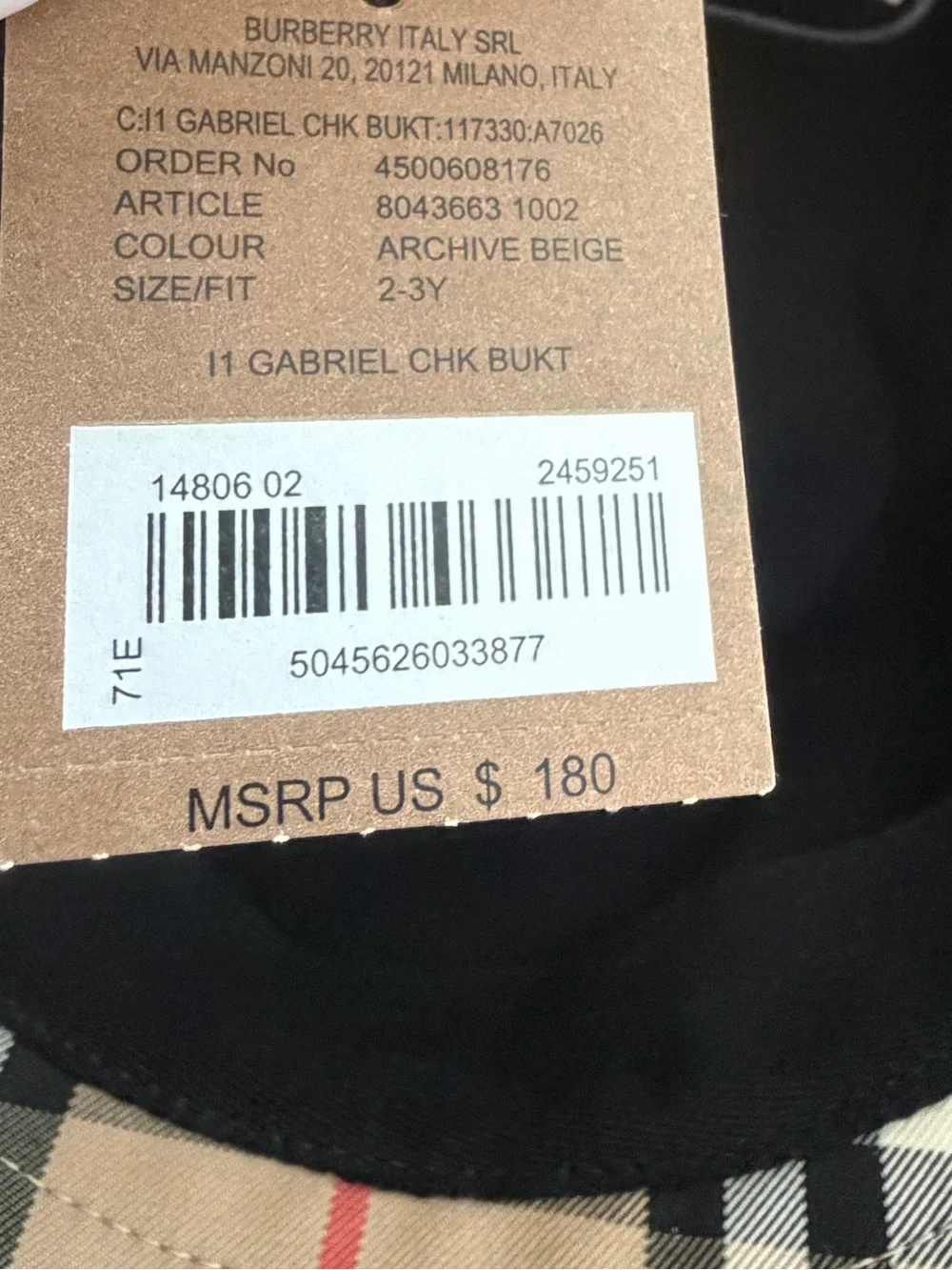 Burberry Tan Check Bucket Hat with Black & Red Accents
